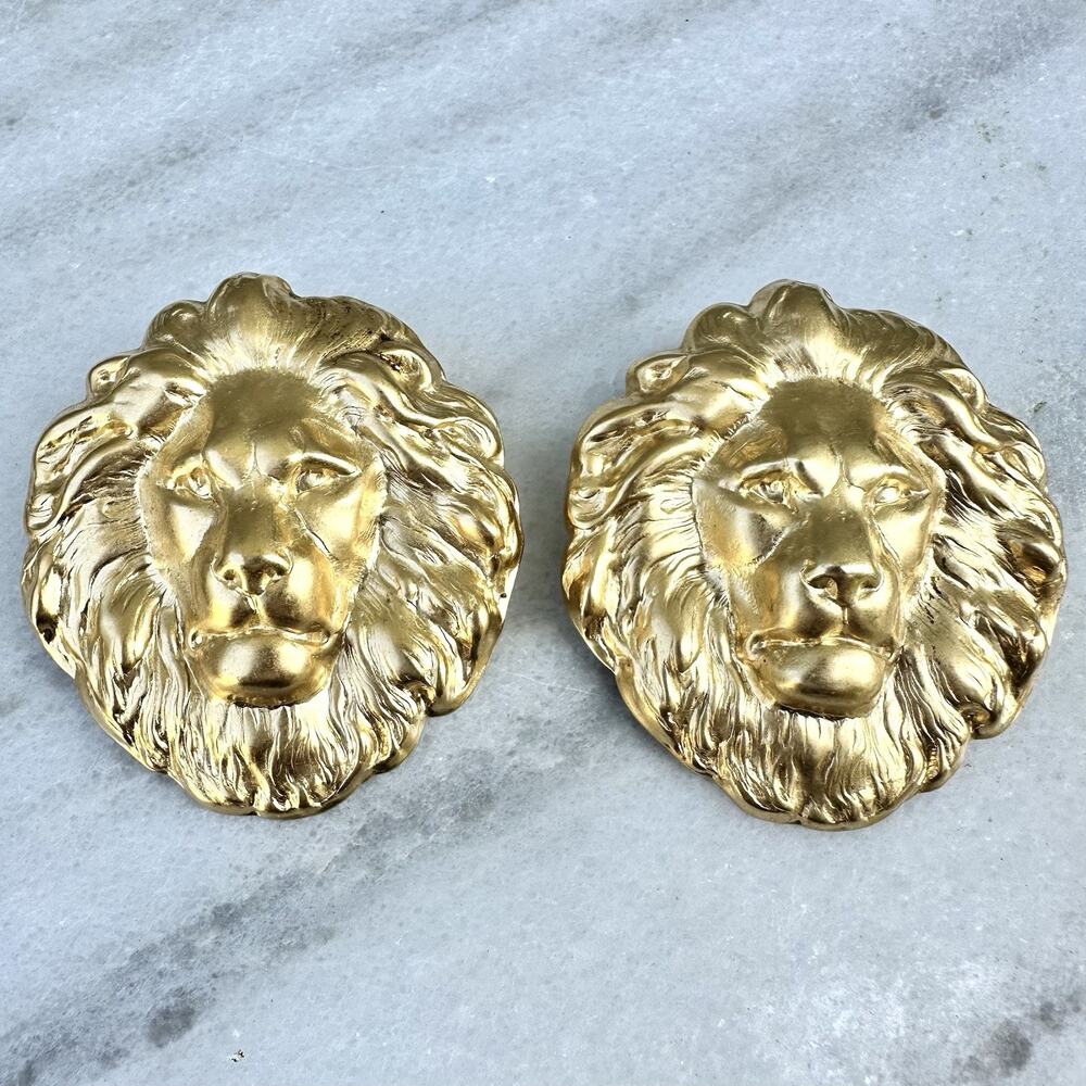 Lion Head Post Earrings Gold Tone Molded Vintage 80s 90s Style Runway Large
